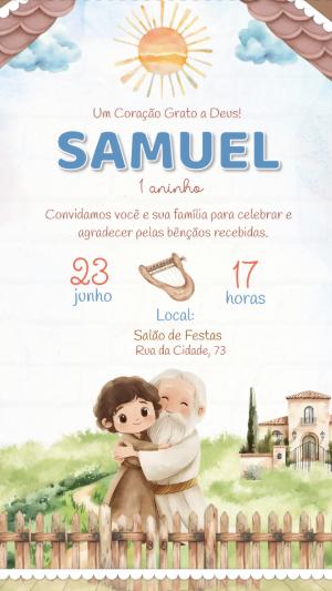 Convite Religioso Infantil Samuel em Aquarela Editável