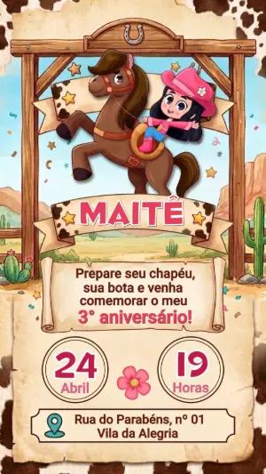 Convite de Aniversário Boiadeirinha Infantil para Editar Online