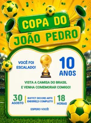 Convite de Aniversário Futebol Brasil Copa do Mundo Editável