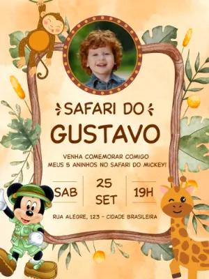 Convite Aniversário Mickey Safari com Foto para Editar Online