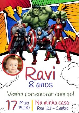Convite de Aniversário Vingadores com Foto Modelo Editável
