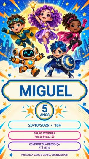 Convite de Aniversário Super-Heróis Kids para Editar Online