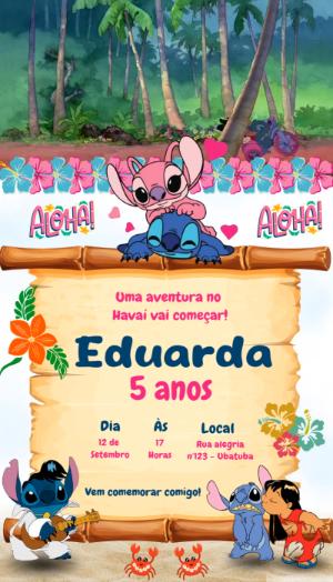 Convite Animado Lilo & Stitch: Aniversário Havaiano Editável