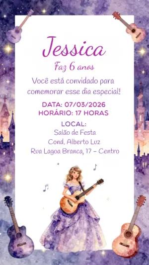 Convite de Aniversário Princesa Popstar Roxo Editável
