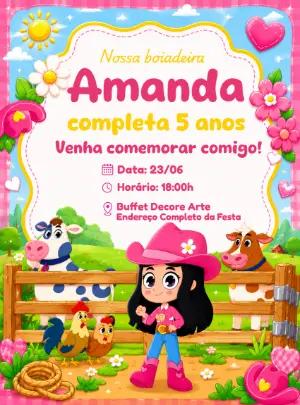 Convite de Aniversário Boiadeira Rosa para Editar