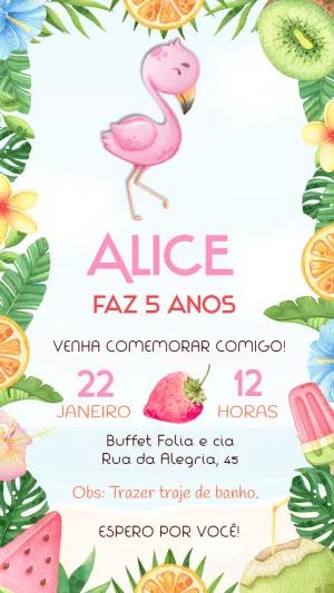 Convite Pool Party Tropical com Flamingo para Editar Online