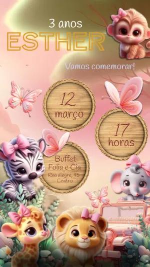 Convite Aniversário Safari Menina com Animais Fofos para Editar