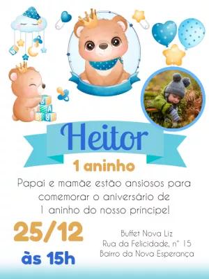 Convite Aniversário Ursinho Príncipe com Foto para Editar Online