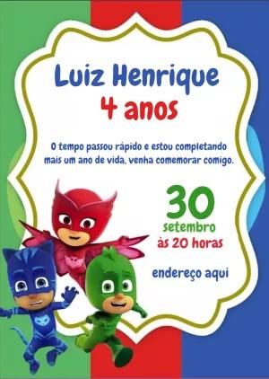 Convite Aniversário PJ Masks com Heróis para Editar Online