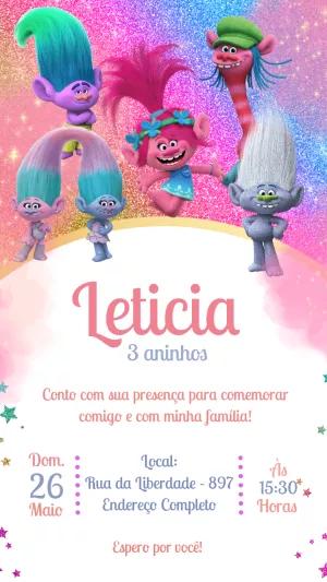 Convite de Aniversário Trolls com Personagens para Editar Online