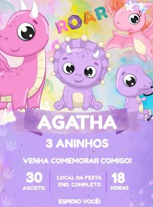 Convite Aniversário Dinossauro Baby Menina Lilás para Editar