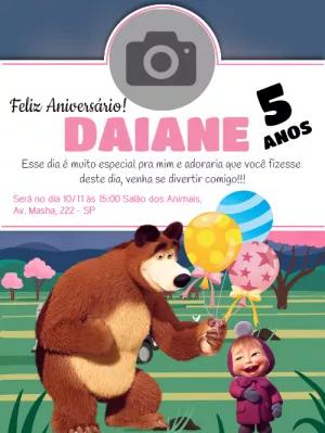 Convite de Aniversário Masha e o Urso com Foto para Editar