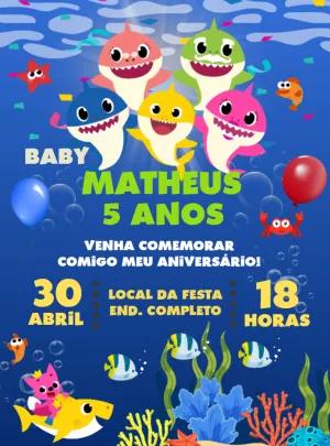 Convite Aniversário Baby Shark com Personagens para Editar