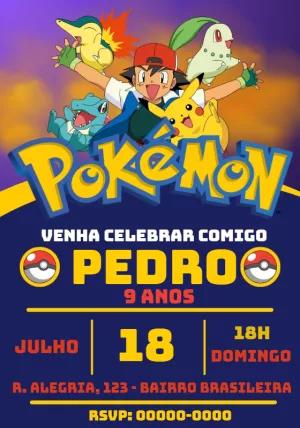 Convite de Aniversário Pokémon com Ash e Pikachu para Editar Online