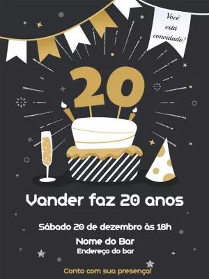 Convite de Aniversário Adulto Preto e Dourado para Editar Online