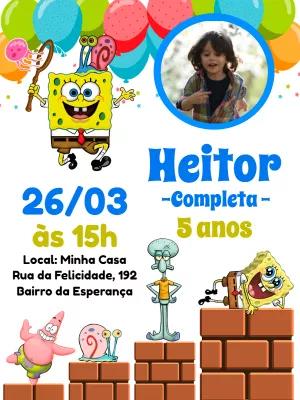 Convite Aniversário Bob Esponja com Foto para Editar Online