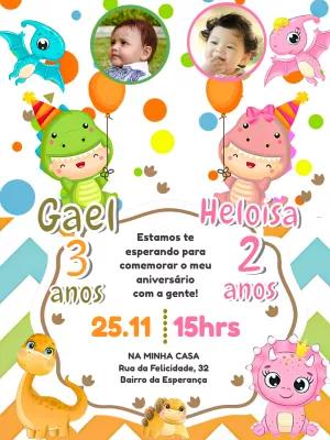 Convite Aniversário Duplo Dinossauro Baby com Foto para Editar