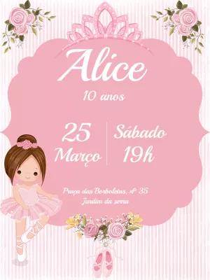 Convite de Aniversário Bailarina Princesa para Editar Online