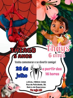 Convite Aniversário Duplo Homem Aranha e Moana para Editar