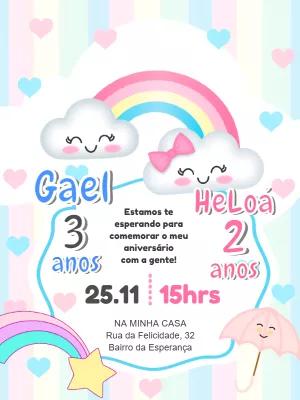 Convite Aniversário Duplo Chuva de Amor para Editar Online