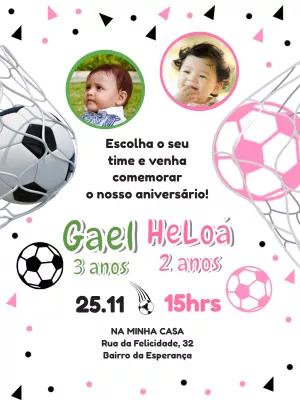 Convite Aniversário Duplo Futebol com Foto para Editar Online