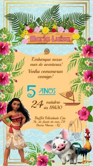 Convite Aniversário Moana com Personagens para Editar Online