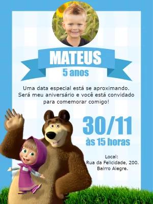 Convite Masha e o Urso Azul com Foto para Editar Online