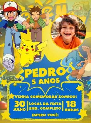 Convite Aniversário Pokémon com Foto para Editar Online