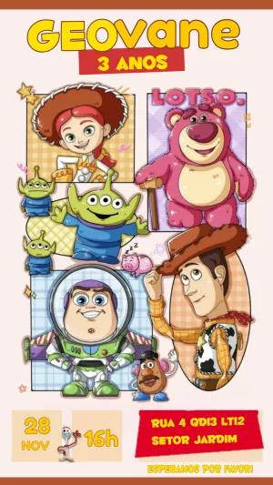 Convite Aniversário Toy Story com Personagens para Editar Online