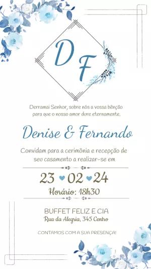 Convite de Casamento Floral Azul com Monograma para Editar