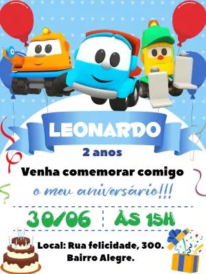 Convite de Aniversário Léo o Caminhão para Editar Online