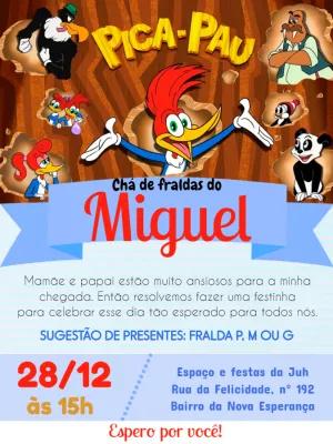 Convite Chá de Fraldas Pica Pau com Personagens para Editar
