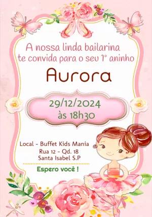 Convite Aniversário Bailarina Aquarela para Editar Online