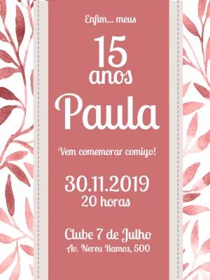 Convite de 15 Anos Folhagens Aquarela Rosa para Editar Online
