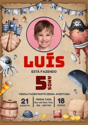Convite de Aniversário Pirata com Foto para Editar Online