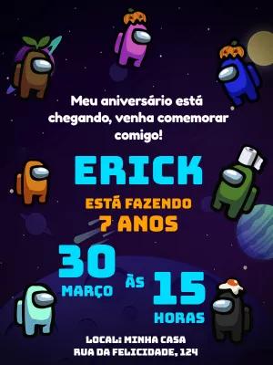 Convite de Aniversário Among Us com Personagens para Editar