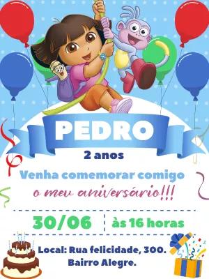 Convite Aniversário Dora Aventureira Azul para Editar Online