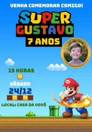 Convite Aniversário Super Mario com Foto para Editar Online