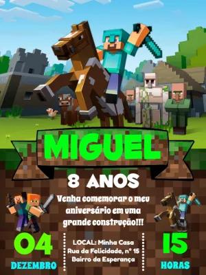 Convite de Aniversário Minecraft com Personagens para Editar