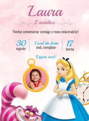 Convite Aniversário Alice no País das Maravilhas com Foto para Editar