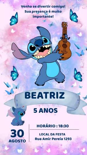 Convite de Aniversário Stitch com Borboletas para Editar Online