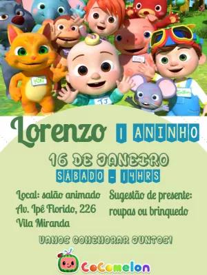 Convite de Aniversário Cocomelon com Personagens para Editar