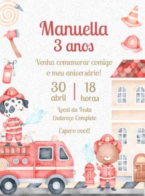 Convite de Aniversário Bombeiros Aquarela para Editar Online