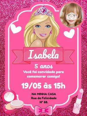 Convite Aniversário Barbie Glitter com Foto para Editar Online