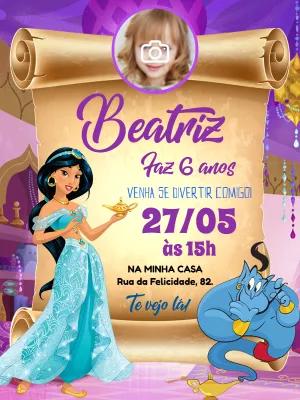 Convite Aniversário Princesa Jasmine com Foto para Editar Online