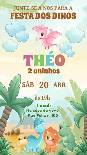 Convite Aniversário Dinossauro Baby Fofo para Editar Online