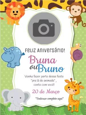 Convite de Aniversário Safari com Foto e Animais para Editar