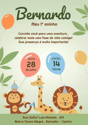Convite Aniversário Safari com Animais Fofos para Editar Online