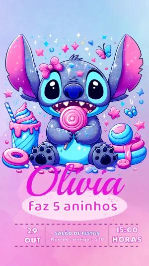 Convite Aniversário Stitch Rosa Editável Online para Imprimir