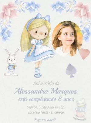 Convite de Aniversário Alice com Foto para Editar Online